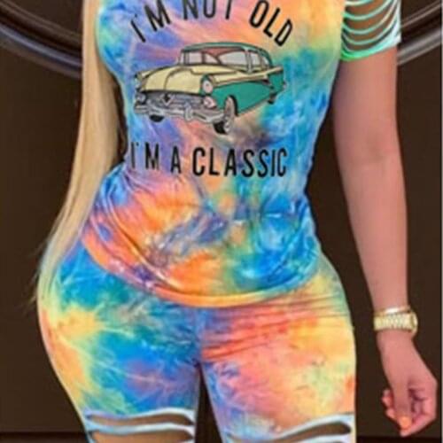 2021 Summer I'M NOT OLD,I'M A CLASSIC Letter Print Women Short Sets Plus Size Ribbon Sleeves Tie Dye Tee Tops T Shirt + Shorts