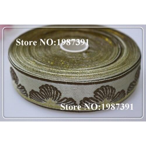 5yards/lots Woven Jacquard Ribbon 3cm gold background brown flowers pattern LS-5441