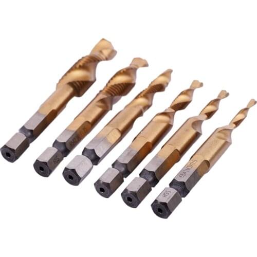 6Pcs HSS Titanium M3 - M10 Combination Hex Deburr Countersink Tap Drill Bit Set