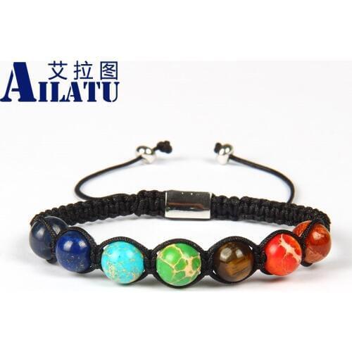 Ailatu Engrave Logo Men Bracelet 8mm Natural Rock Beads 7 Chakra Healing Stone Yoga Meditation Macrame Jewelry Drop Shipping