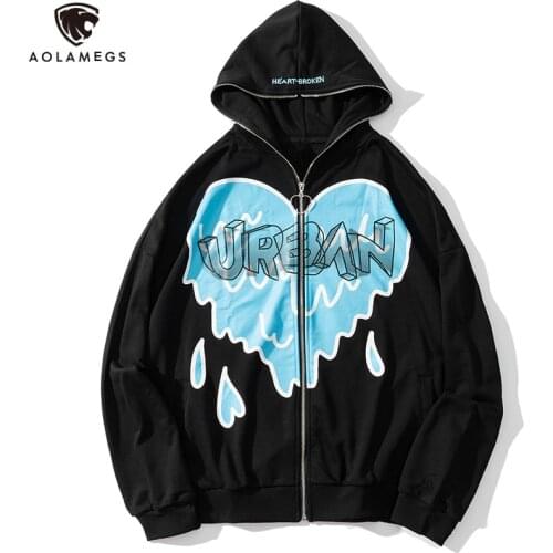 Aolamegs Hoodies Men Watercolor Heart-shaped Letter Printed Zipper Outwear College Style Casual Harajuku Baggy Couple Streetwear