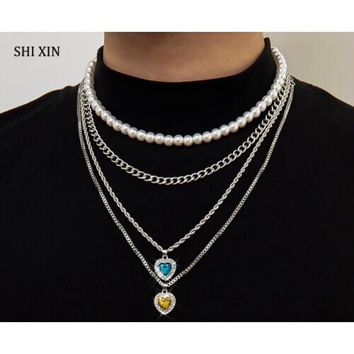 SHIXIN 4 Pcs Layered Pearl Beads Choker Necklace for Women Love Heart Crystal Pendants Necklaces Men Fashion 2021 Chains on Neck
