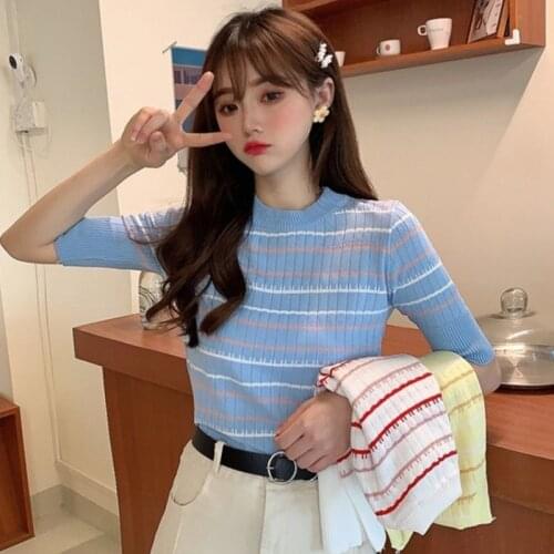 Woman TShirts Spring and Summer Womens Short-Sleeved Striped Sweater Top T-shirt Crop Top Mujer Camisetas