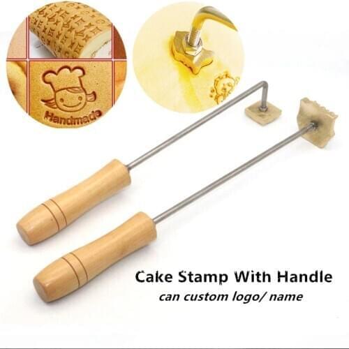 Customized Logo Cake Baking Mold Stamp Wooden Handle Cake Cookie Wood Brass Hot Stamp Mould Stainless Steel Handmade Baking Tool