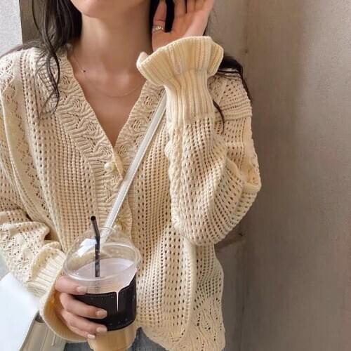 Sexy Women Low V-Neck Long Sleeve Sweater Coat 2020 Spring Summer Hollow Out Cardigan Loose Knitted Cardigans Solid Casual Tops