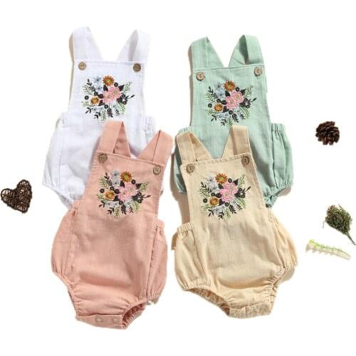 Baby Girl Romper Newborn Summer Clothes Cotton Linen Bodysuit Flower Embroidered Overalls Halter