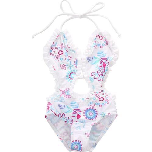 Newborn Baby Girl Floral Swimwear Swimsuit One-piece Swimsuits Halter Bodysuit 1-6Years Children White Flower Printed Swimwear