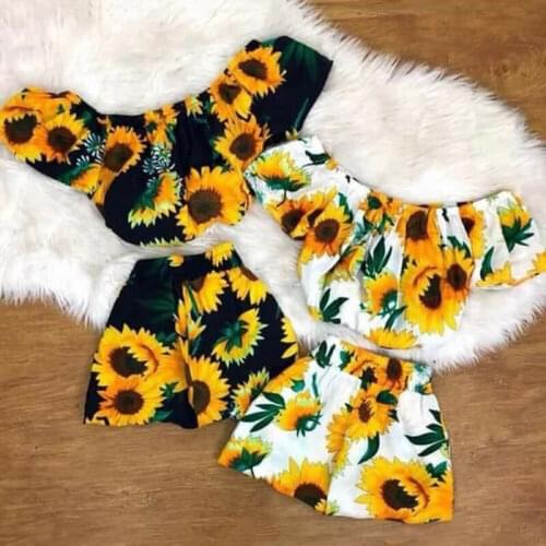 2020 Summer Baby Girl Clothes Sunflower Outfits Kids Clothes Off Shoulder Crop Tops T-Shirt Shorts 2Pcs Sets Girl Outfits 1-5Y