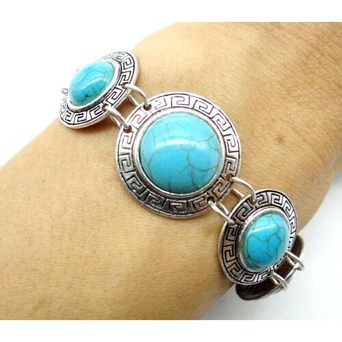 Fashion Natural stone Legering Vintage Zilveren Etnische Stijl Antieke Quartz crystal Turquoises Jewelry making Gem Armband