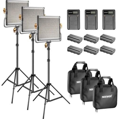 Neewer Bi-color LED 480 Video Light+Stand Kit+Battery+Charger for Studio, YouTube Video Shooting,Dimmable with U Bracket(3 Pack)