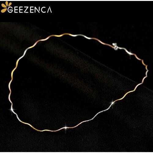 Italian Shinny 925 Silver Three Color Womens Choker Necklace Versatile Plain Wave Chain Clavicle Necklace Sparkling Torques