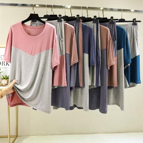 Pijama Feminino Summer Pajamas Women Short-Sleeved Pocket Pant Pyjamas Set Casual Mens Stitching Contrast Color Home Clothes