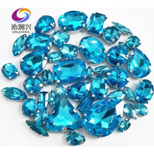 Factory sales 68pcs/bag Lake blue mix size top glass crystal sew on stones,mix shape rhinestones for diy/Clothing accessorie