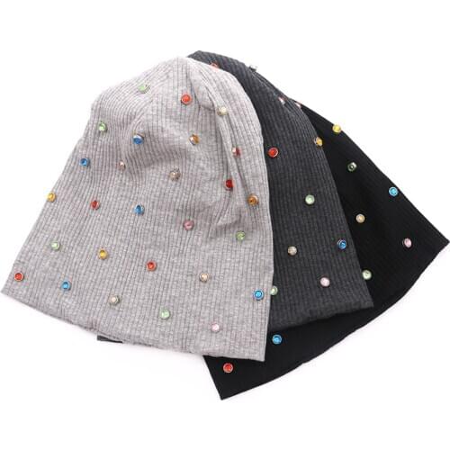 Women Multi-color Rhinestones Black Cotton Beanie Hats New design Solid Ribbed Knit Caps ladies Bonnet Wholesale Slouch hats