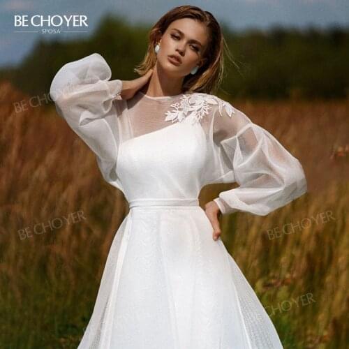 Wedding Dress Detachable Jacket A-Line 2021 Romantic Lace Bride Gown Beach Princess BECHOYER NR149 Plus Size Vestido De Noiva