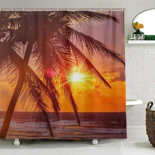 Tropical Sunset Scene With Palms Shower Curtains for Bathroom Polyester Fabric Bath Curtain Waterproof with 12 Hooks