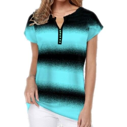 Button V-Neck Fashion Women T-Shirts Feamle Short Sleeve Summer Casual Tops Gradient Print Street Tee Lady T-Shirt Big Size 5XL