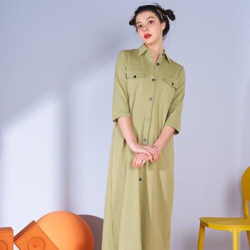 Womens Mid-Length Nightdress Autumn Cotton Sexy Nightgowns Solid Color Sleep Dress Turn-down Collar Cotton Sleepwear Sleep Tops