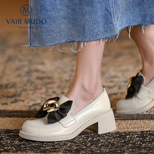 VAIR MUDO Women Pumps Shoes Elegant Thick Bottom Loafers Round Toe Genuien Leather Butterfly-knot Office & Career Slip-On D251L