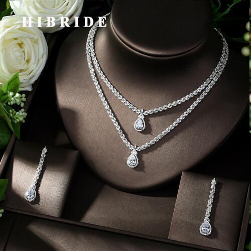 HIBRIDE African Cubic Zirconia Pave Saudi Arabia White Color Wedding Bridal Necklace Earrings Jewelry Sets for Women N-1013