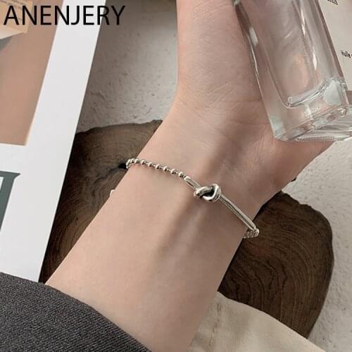 ANENJERY 925 Sterling Silver Trendy Thai Silver Bracelet for Women Geometric Bead Chain Knot Bracelet Party Jewelry Gifts S-B398