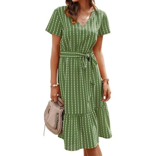 Ladies Dress Stripe Printing Breathable 5 Colors Women V Neck Loose Dress for Shopping Polyester Summer Womens Clothing Green