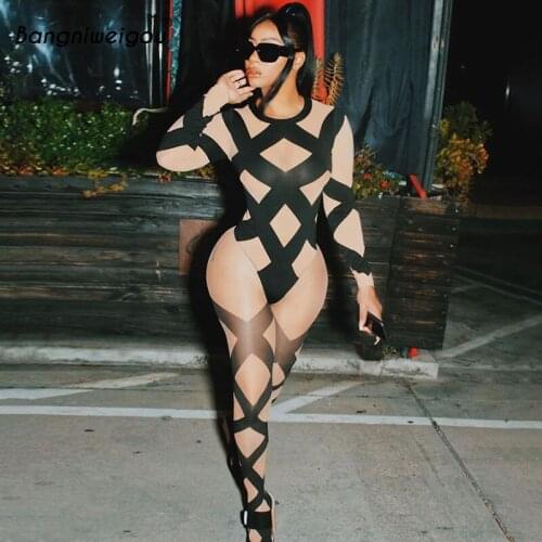 Bangniweigou stripes patchwork bandage mesh two piece set women sexy see through bodysuit + leggings night club outfits suit