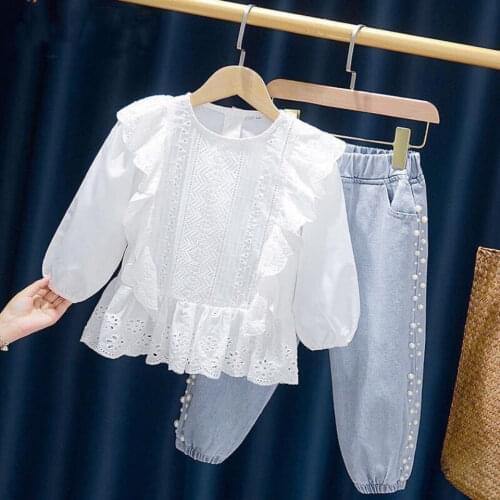 2021 Summer 2PCS Children Suit Fashion Toddler Kids Baby Girls Clothing Set Girls Ruffles Shirt + Jean Denim Pants Outfits Q23