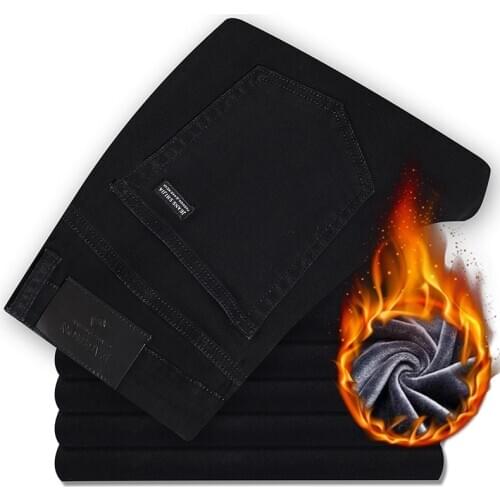 Black plus velvet mens business casual jeans Classic fashion high quality loose soft cotton trousers 2020 winter new Warm pants