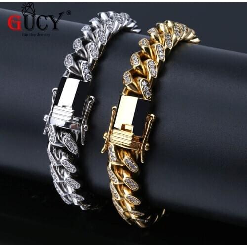 GUCY Hip Hop Miami Cuban Chain Bracelet Micro Pave CZ Stones Gold/Silver Color Plated Bling Iced Out Charm Jewelry For Men