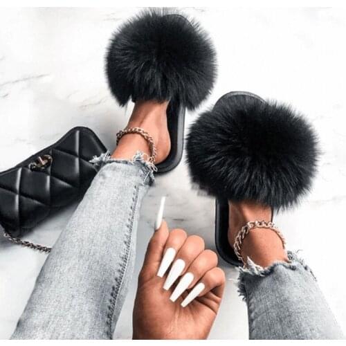 Hot Sale Summer Women Fox Fur Slippers Furry Slippers Designer Fur Slides Girls Black Fur Slides Gorgeous Big Fur Slides Sandal