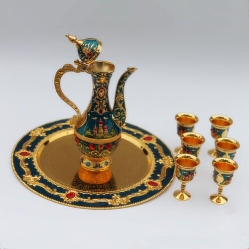 Golden and Blue Color Metal Wine Set Luxury Tea Set Fashion Zinc Alloy Wine Set 1 Set= 1 Plate+ 1 Pot +6 Cups