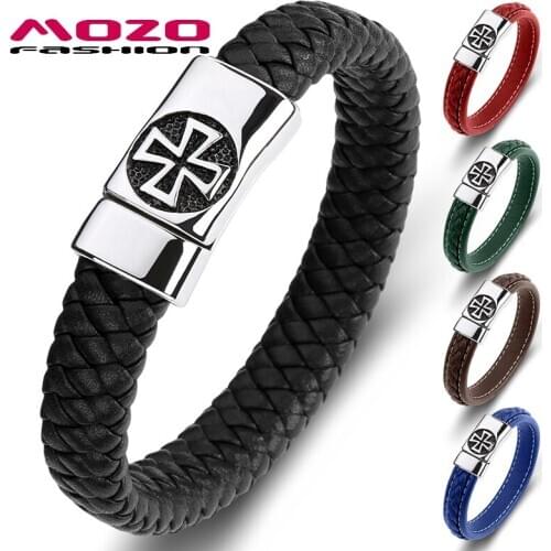 MOZO FASHION Wholesale Price Classic Men Multi Color Genuine Leather Stainless Steel High Quality Cross Handmade Jewelry 077