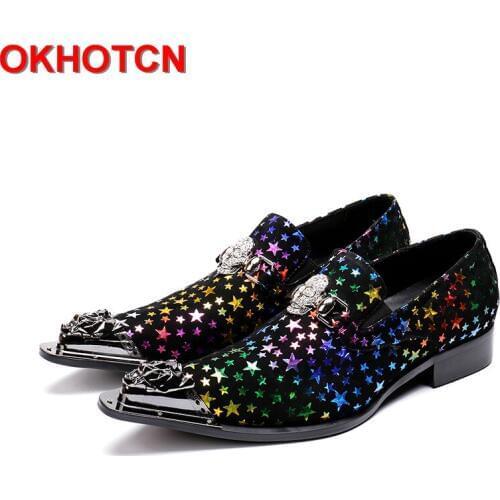 Colorful Stars Print Cow Leather Shoes Men Metal Skull Hoop Dress Shoes Men Pointed Toe Zapatos de Hombre Plus Size Formal Shoes