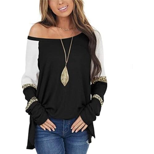New Style Leopard Print Multicolor Splicing loose long-Sleeve T-shirt Casual T Women Shirt