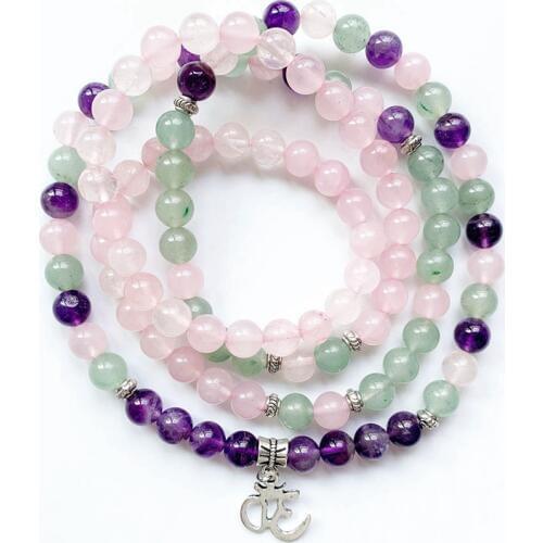 Pink Purple Quartz Natural Stone Mala Beads Meditation Bracelet for Men Woman Om Symbol Pendant Necklace