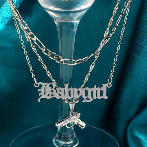 New Fashion Silver Color Babygirl Letter Pendant Necklace for Women Multilayer Pistol Metal Chain Necklace Rock Hip Hop Jewelry