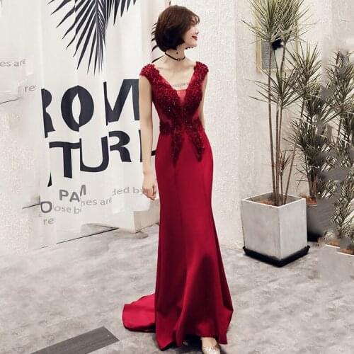 Luxury Lace Bead Appliques Mermaid Evening Dresses Robe De Soiree Fashion Wine Red V-neck Formal Party Prom Gown Host Dress