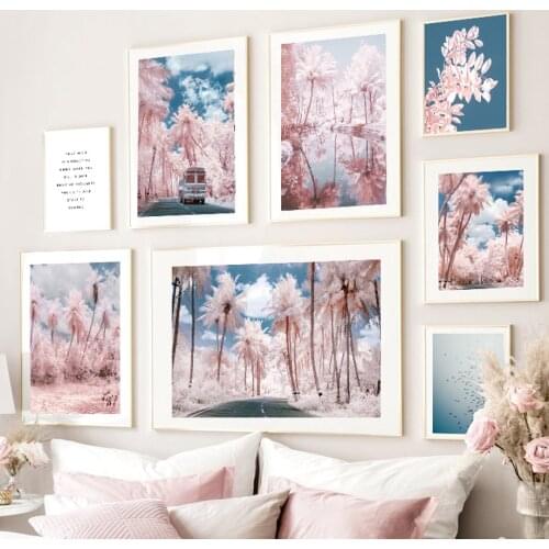 Pink Plants Coconut Trees Reed Car Palm Road Posters And Prints Wall Art Canvas Painting Wall Pictures For Living Room Decor