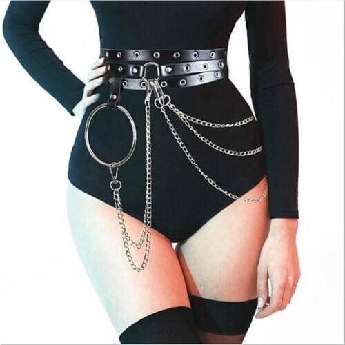 HATCYGG Sexy Women Pu Leather Harness Body Bondage Punk Belts Chain Belt Silver Big Ring Bondage Garters Unisex Black Harness