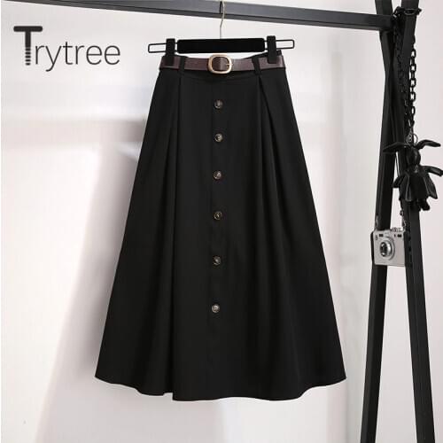 Trytree 2020 Spring Women Casual Skirt A-line Solid 2 Color High Waist Fashion Temperament Button All-Purpose Style Skirt