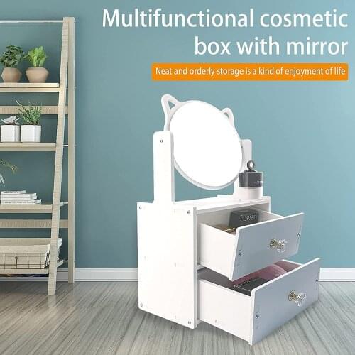 Rotate Wooden Cute Make-up Mirror DIY Installation Assembly Desk Dressing Mirror Women Portable Large Cosmetic Storage Box Shelf