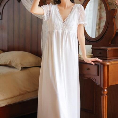 White Long Night Dress Women Cotton Fairy Lace Peignoir Sexy V Neck Nighty Vintage Nightgown Victorian Princess Lounge Sleepwear