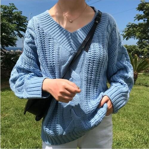 Womens Wear 2020 Autumn and Winter New Loose Hemp Wool V Collar Solid Color Pullover Plus Size Winter Clothes for Women