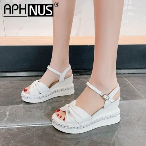 APHNUS Womens Sandals Bowtie Mid High Heels Pumps Trifle Platforms Wedges Woman 2021 Shoes For Women New