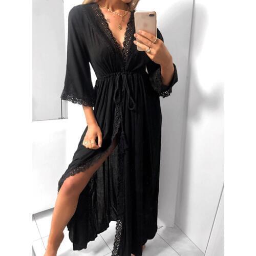 Hot Ladies Bohemian Kimono Wrap Dress Women Lace Elastic Waist Split Lace Patchwork Maxi Dresses Sexy V-Neck Cardigan Long Dress