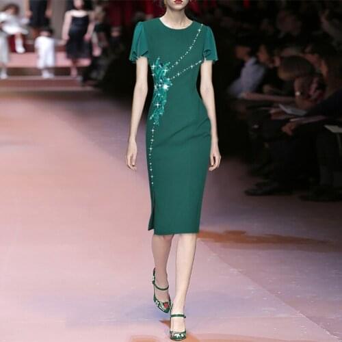 2021 Summer Vintage Dress Runway New Women Butterfly Sleeve Beading Diamonds Embroidery Slim High Quality Dresses