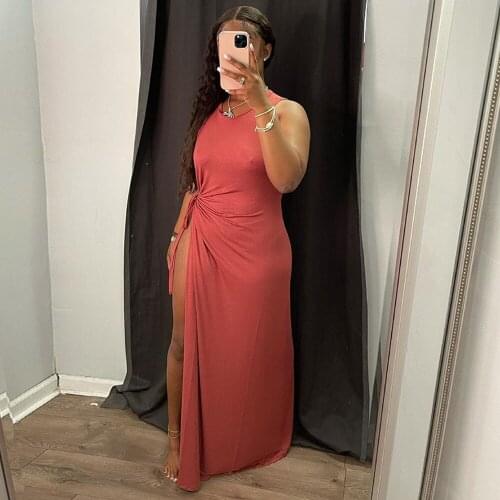 Womens Dress Solid Ruched Drawstring Side High Split Long Party Dresses Summer Female Sleeveless Party Club Floor Length Robe