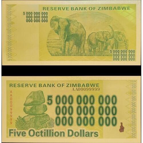 RH Zimbabwe Notes Five Octillion Dollars Note Gold Banknote with Certificates In 24k Gold Plated For Collection