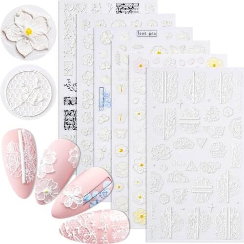 1 Sheet White Embossed Flower Lace 5D Sticker Decal Nail Art Designs Floral Butterfly Japanese Manicure Decoration